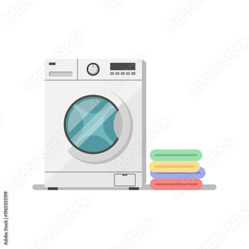 Modern Washing Machine Next to Stack of Clean Folded Laundry