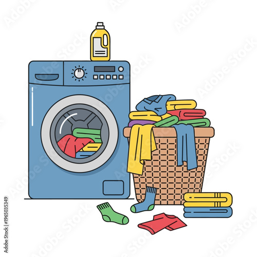 Modern Washing Machine with Laundry Basket and Clean Clothes, Laundry Detergent