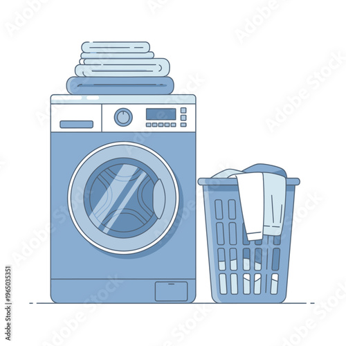 Modern Washing Machine with Laundry Basket and Stacked Towels - Clean Housekeeping Concept