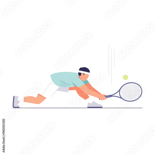 Tennis player lunging to hit ball, dynamic sports illustration