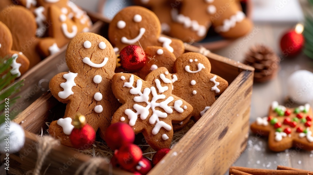 Fototapeta premium Festive Christmas Gingerbread Cookies in a Wooden Box Surrounded by Holiday Decorations