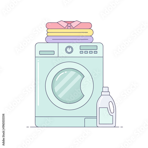 Modern Washing Machine with Stacked Clean Laundry and Detergent Bottle