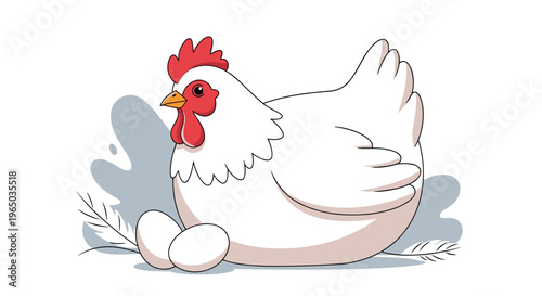Plump white chicken sitting comfortably next to two large white eggs in a farm-themed illustration with soft shadows.