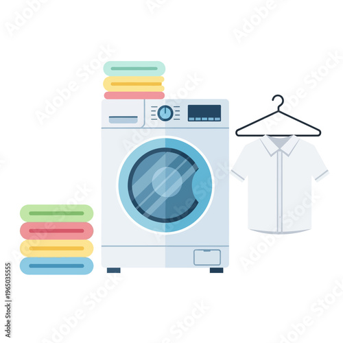 Modern Washing Machine with Stacked Clean Laundry and White Shirt on Hanger