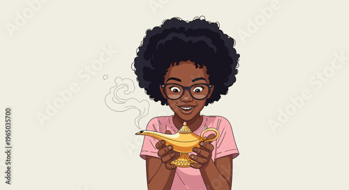 Excited African American girl with glasses holding a golden magic lamp with smoke coming out as if a genie is appearing.