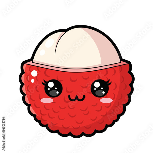 Cute kawaii cartoon lychee fruit with a happy smiling face and bright red skin, featuring a white interior, on a white background.