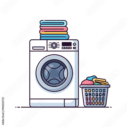 Modern Washing Machine with Stacked Laundry and Clothes Basket - Flat Design