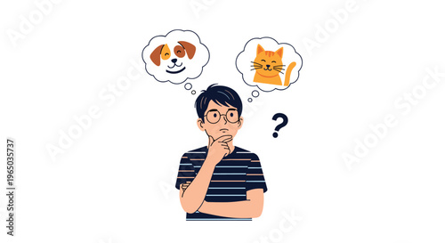 Pensive young man with glasses touching his chin while thinking about choosing between a pet dog and a cat in thought bubbles.
