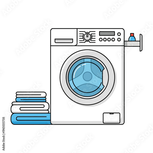 Modern Washing Machine with Stacked Laundry and Detergent Bottle
