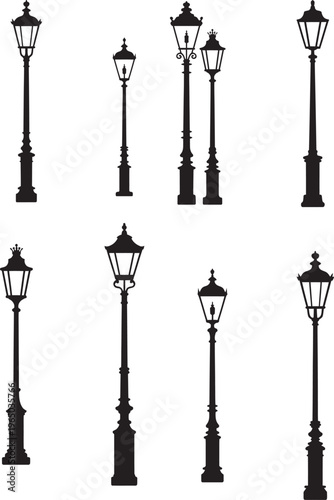 Set of vintage street lamp vector silhouettes with antique lantern design