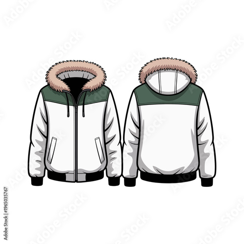 Hoodie vector illustration of a white and green jacket with fur-lined hood