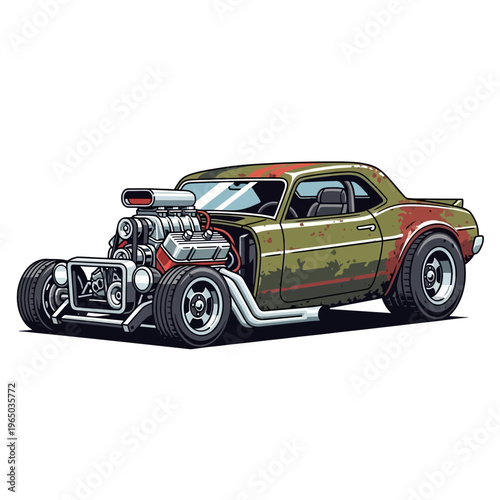 Vintage Hot Rod Car with Exposed Engine and Rusty Paint - Retro Automotive Art