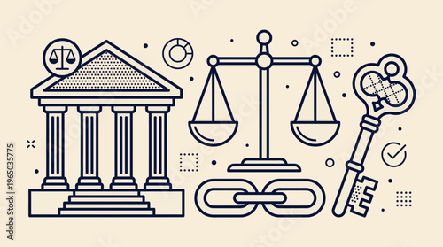 The law scales and key illustrate justice system with a building.