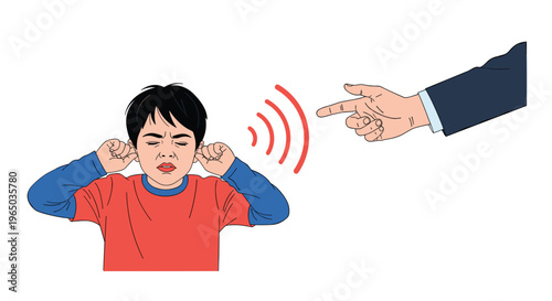 Distressed young boy covering his ears with his hands while an adult points a finger at him during a loud argument or scolding.