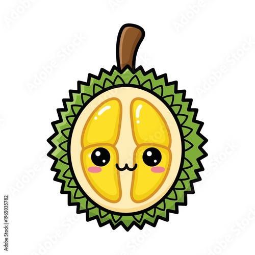 Cute cartoon durian fruit cut in half with a happy face and big eyes, showing yellow flesh and green spiky rind.
