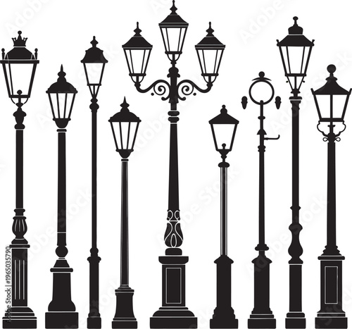 Vintage street lamps vector set with antique metal lamppost designs for urban city street lighting and decoration