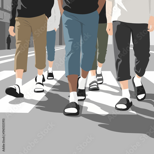 People walking across a city street on a crosswalk together