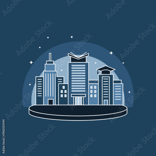 A futuristic cityscape illustration showcases a nighttime scene with a book on a pedestal among buildings.
