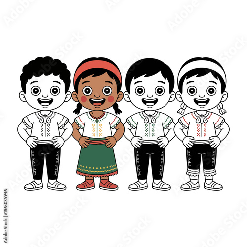 Children illustration wearing traditional Mexican clothing standing together