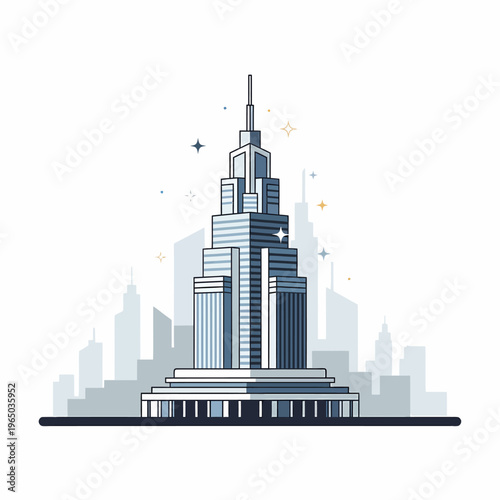 A futuristic skyscraper stands tall in a cityscape at dusk with sleek architecture and modern design elements.