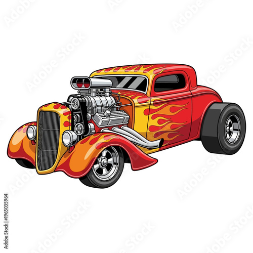 Vintage Hot Rod Car with Flames and Supercharger - Classic Automotive Art