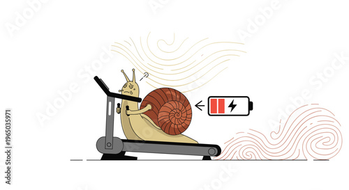 Tired snail character exercising on a treadmill with a low battery icon indicating exhaustion and lack of energy or slow progress.