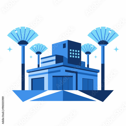A blue illustration of a building with streetlights at night in the city