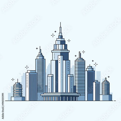 Cityscape illustration depicts skyscrapers with towers in urban landscape