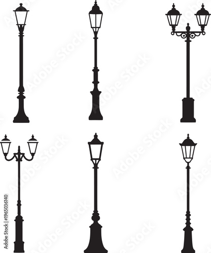 Vintage street lamp vector set with antique iron lamppost silhouettes for city street lighting design