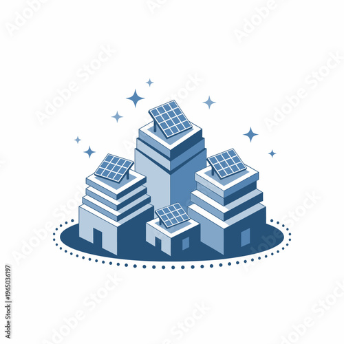 Solar panels on buildings generate energy in a futuristic cityscape at night