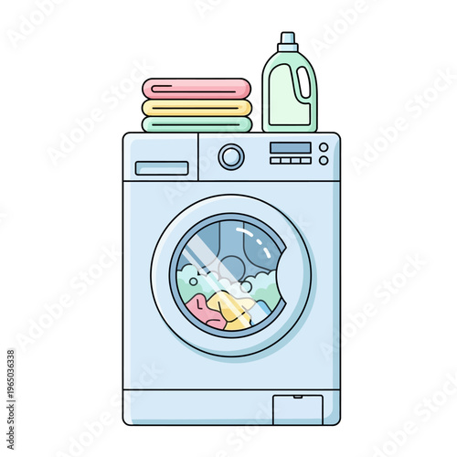 Washing Machine With Clean Laundry And Detergent Bottle - Flat Design