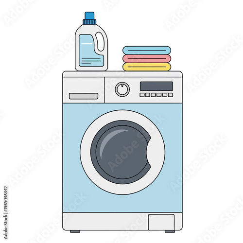 Washing Machine with Detergent Bottle and Stacked Clean Laundry