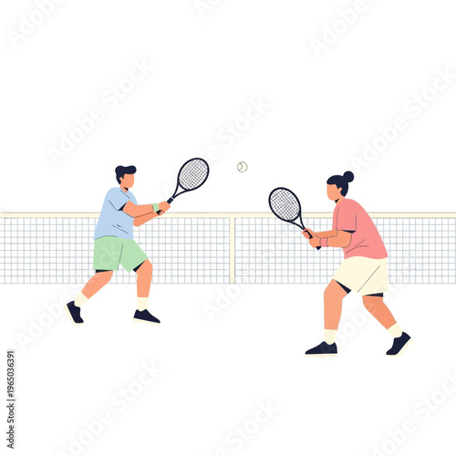 Two people playing tennis on a court with a net, hitting a ball.