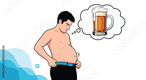 Man looking down at his protruding stomach while imagining a large frothy mug of beer in a thought bubble above his head.