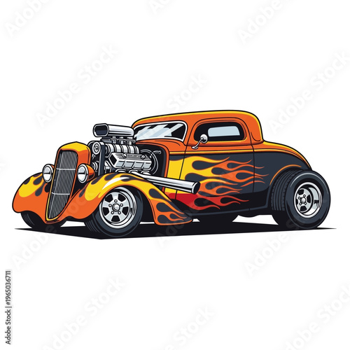 Vintage Hot Rod Coupe with Flame Graphics and Powerful Engine