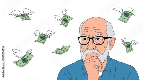 Senior man with a gray beard thinking deeply as money with wings flies away around him, representing financial loss or high expenses.