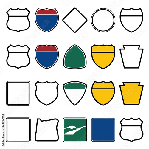 Flat vector bundle of diverse American highway shield and road signboard symbols, perfect for illustrating transportation routes and travel.