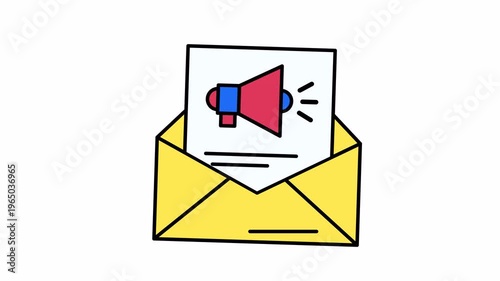Open envelope with a megaphone message inside, ideal for announcements, communication, mail campaigns, newsletters, marketing materials, and promotional content.