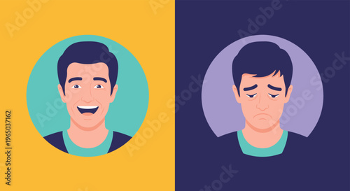 Split portrait of a man showing a joyful, laughing expression on the left and a sad, depressed expression on the right for mood swings.