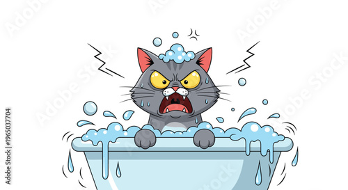 Grumpy grey cartoon cat sitting in a blue bathtub filled with bubbles looking very angry about having a bath.