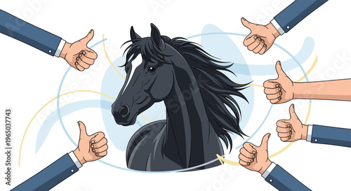 Powerful black horse portrait surrounded by many human hands giving a thumbs up gesture of approval and success.