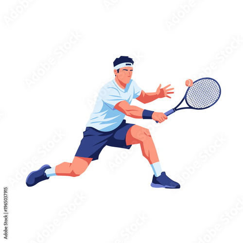 Active male tennis player lunging to hit a forehand shot on court, dynamic action illustration