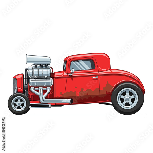 Vintage Red Hot Rod Car with Supercharger - Classic American Muscle