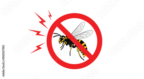 Detailed illustration of a wasp with a red prohibition circle and diagonal slash over it to signify pest control.
