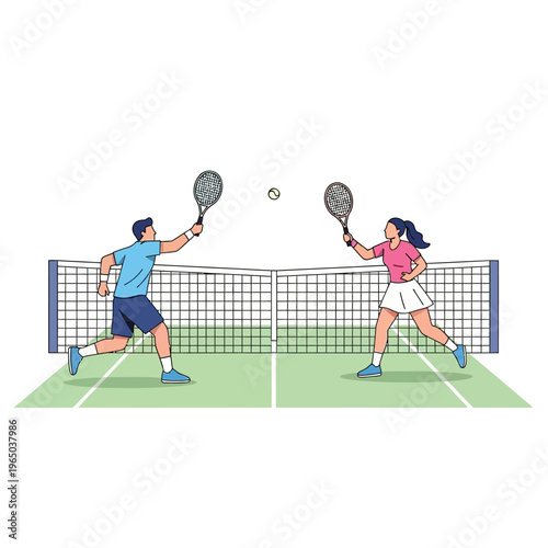 Couple Playing Tennis Match on Court with Rackets and Ball
