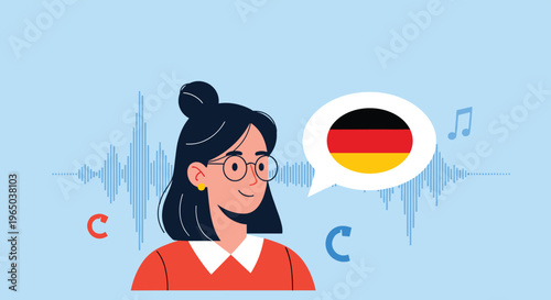 Young woman with glasses standing in front of sound waves with a speech bubble containing the flag of Germany.