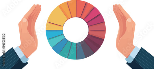 Hands protecting a colorful donut chart, financial data management concept, vector illustration.
