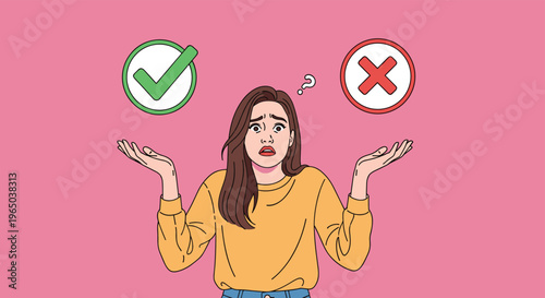 Young woman looking uncertain while trying to decide between a green checkmark for yes and a red cross for no.