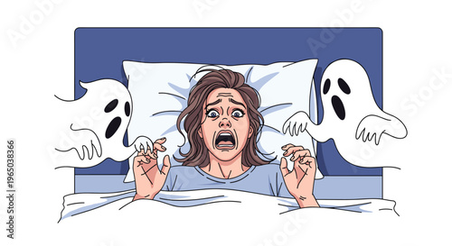 Terrified woman lying in bed screaming because of a nightmare featuring spooky white ghosts floating in her bedroom.
