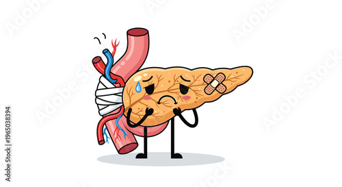Sad cartoon pancreas character with a bandage and sweat drop looking unwell to represent health issues or diabetes.